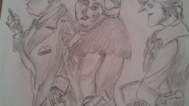 Drei gezeichnete Figuren auf einem Blatt Papier.