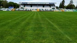 Grüner Rasen vor Tribüne mit grün-weißen-Sitzplätzen.