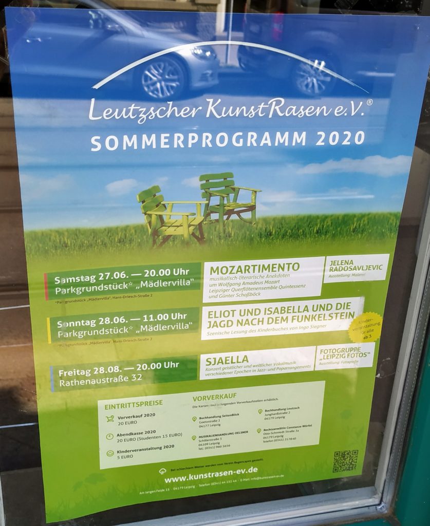 Plakat mit Veranstaltungshinweisen zum Leutzscher Kunstrasen 2020