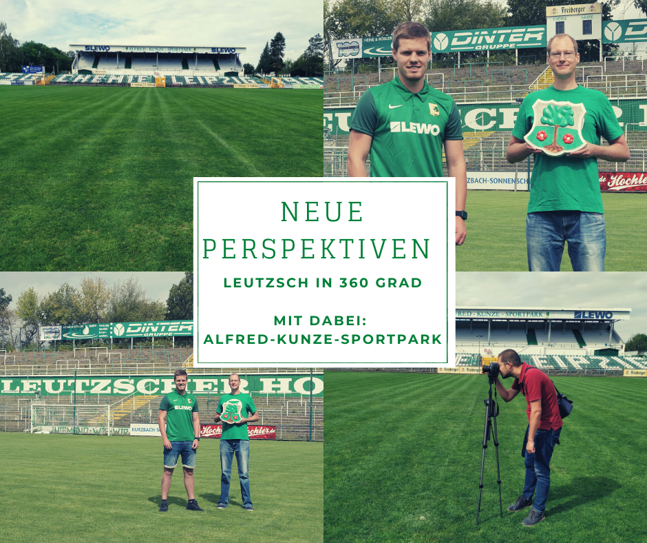 Foto-Collage vom Leutzer Stadion, einem Fotografen bei der Arbeit und zwei Menschen.