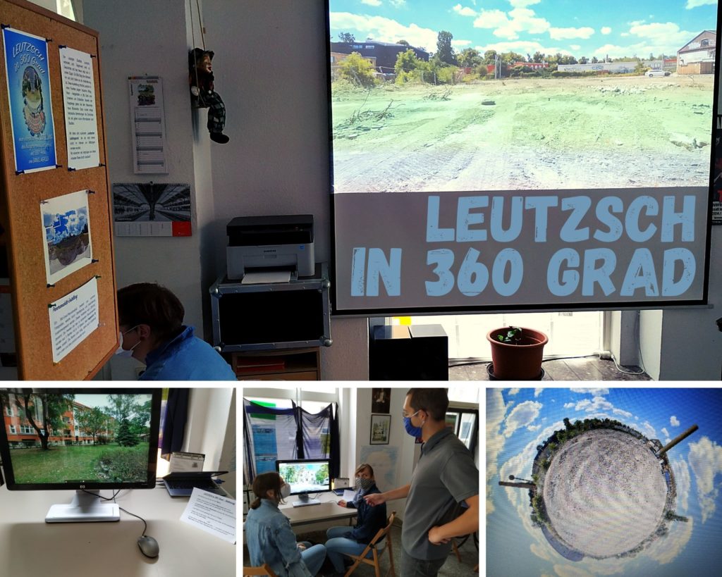 Mehrere Fotos mit Abbildungen vom Besucherinnen und Besuchern sowie Motiven der "Leutzsch in 360 Grad"-Ausstellung.