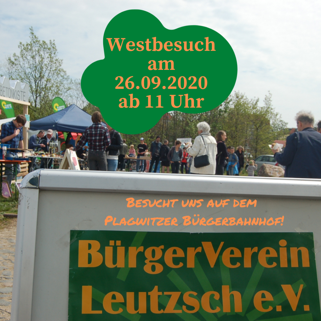 Aufsteller des Leutzscher Bürgerverein mit Menschen im Hintergrund.